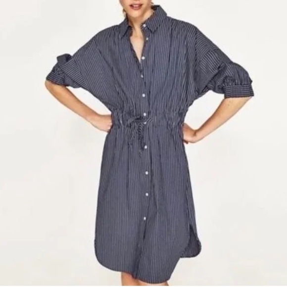 Zara Striped Blue Button-Up Dress size XXL puff sleeve tunic - Picture 3 of 16